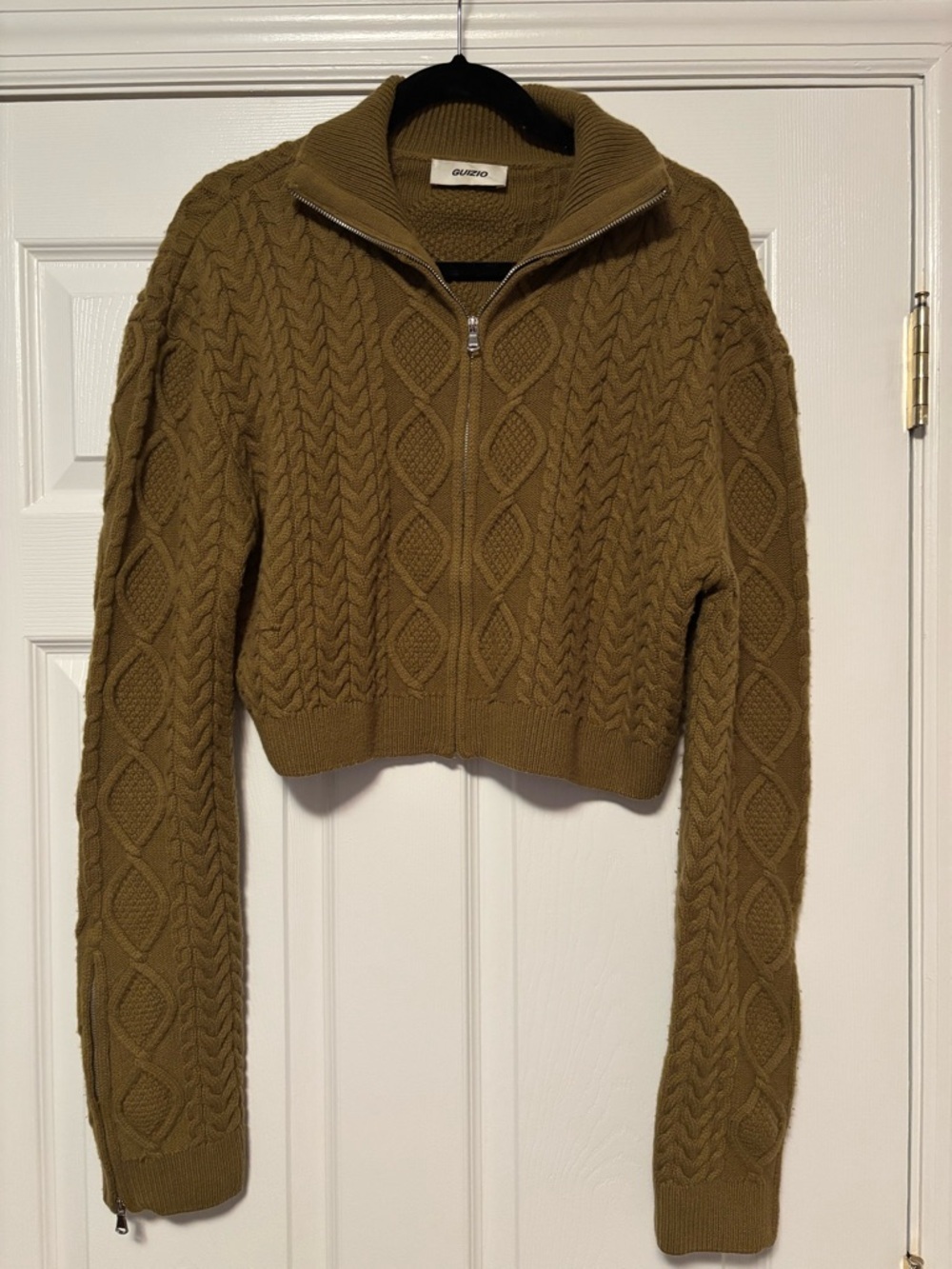 GUIZIO Cable Knit Sweater 100% Wool Cropped Zip Cardigan Large Olive Green
